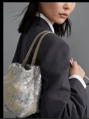 NWT Italy Brunello Cucinelli Sequined Embellished Silver Beige shoulder bag